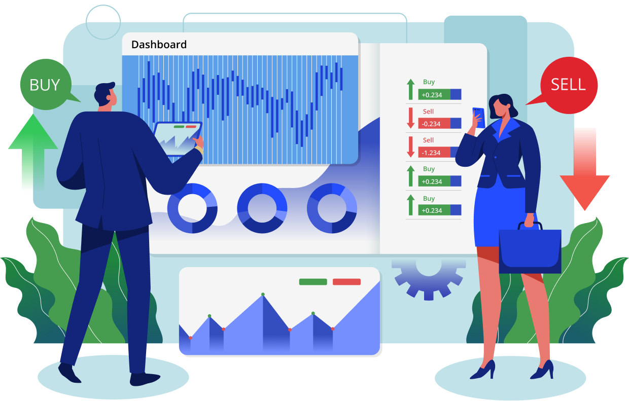 Illustration of a trading dashboard with candlestick chart and portfolio widgets