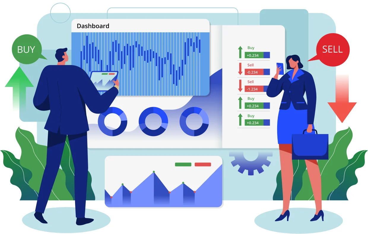 Illustration of a trading dashboard with candlestick chart and portfolio widgets