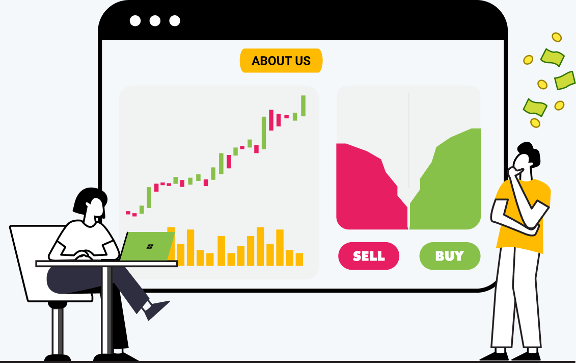 Illustration of two analysts at a trading desk reviewing market charts, with a device showing an "About Us" browser panel