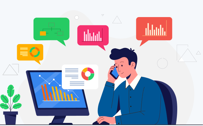 Illustration of a KSL representative on a phone call in front of a desktop showing market charts