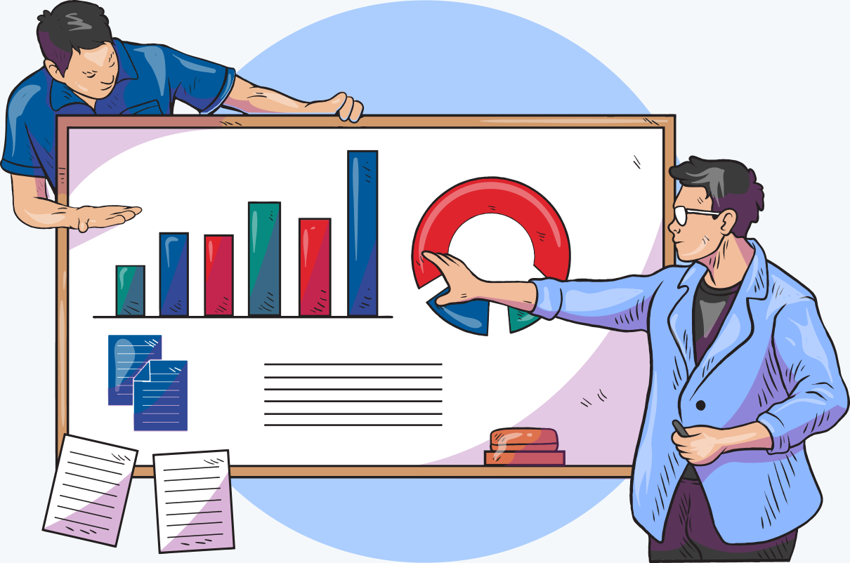 Illustration of two analysts reviewing a portfolio performance chart