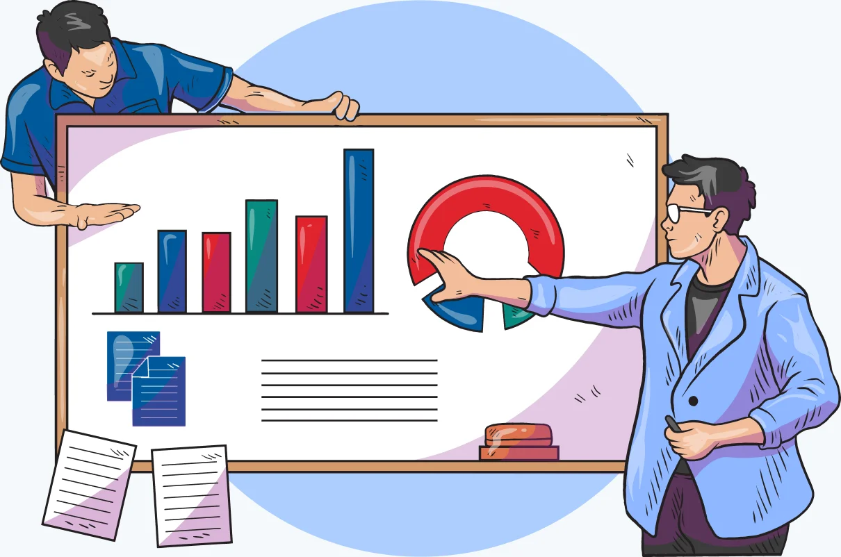 Illustration of two analysts reviewing a portfolio performance chart