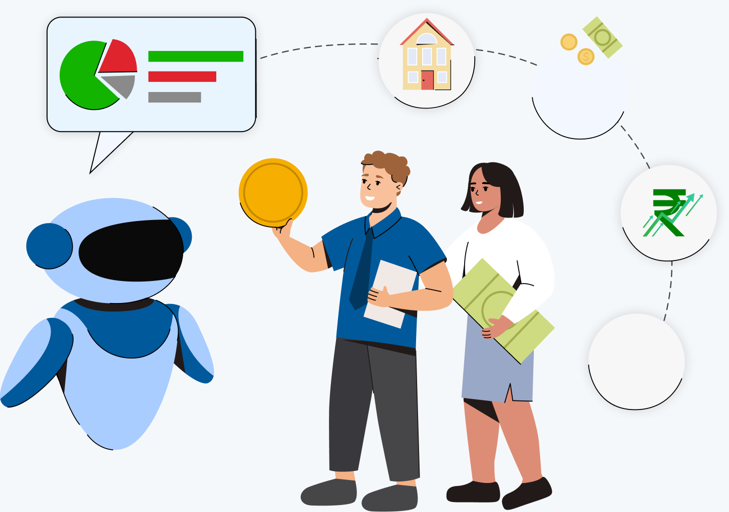 Illustration of an AI robot assistant with investors and market data icons
