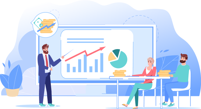 Illustration of a financial advisor presenting a growth chart to two seated clients