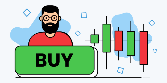 Illustration of an investor next to a green BUY button and a candlestick stock chart